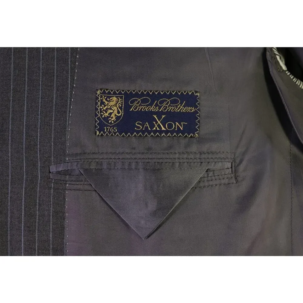 Brooks Brothers Madison Gray w/ Sky Blue Pinstripe 2-Btn Saxxon Wool Suit 42R